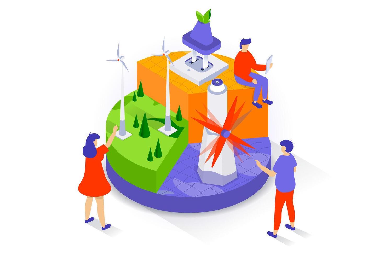 Eco lifestyle concept in 3d isometric design. People using of green electricity resources with alternative renewable energy of wind turbines. Vector illustration with isometry scene for web graphic