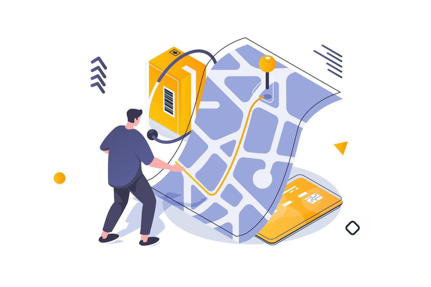 Transportation logistics concept in 3d isometric design. Man ordering delivery of boxes, paying and tracking car route at online map. Vector illustration with isometric people scene for web graphic