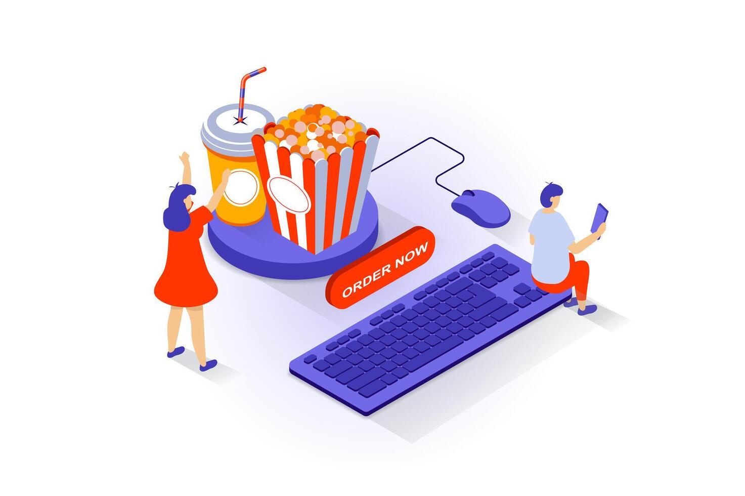 Food delivery concept in 3d isometric design. People ordering popcorn and drink, paying online for snacks and shipping at home using computer. Vector illustration with isometry scene for web graphic