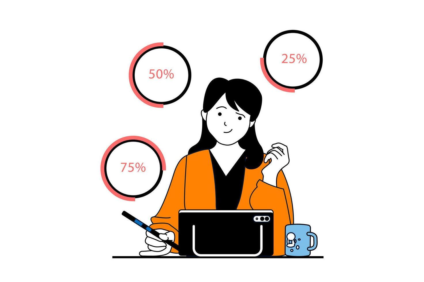 datos análisis concepto con personas escena en plano web diseño. mujer trabajando con base de datos, investigando gráficos con porcentaje. vector ilustración para social medios de comunicación bandera, márketing material.