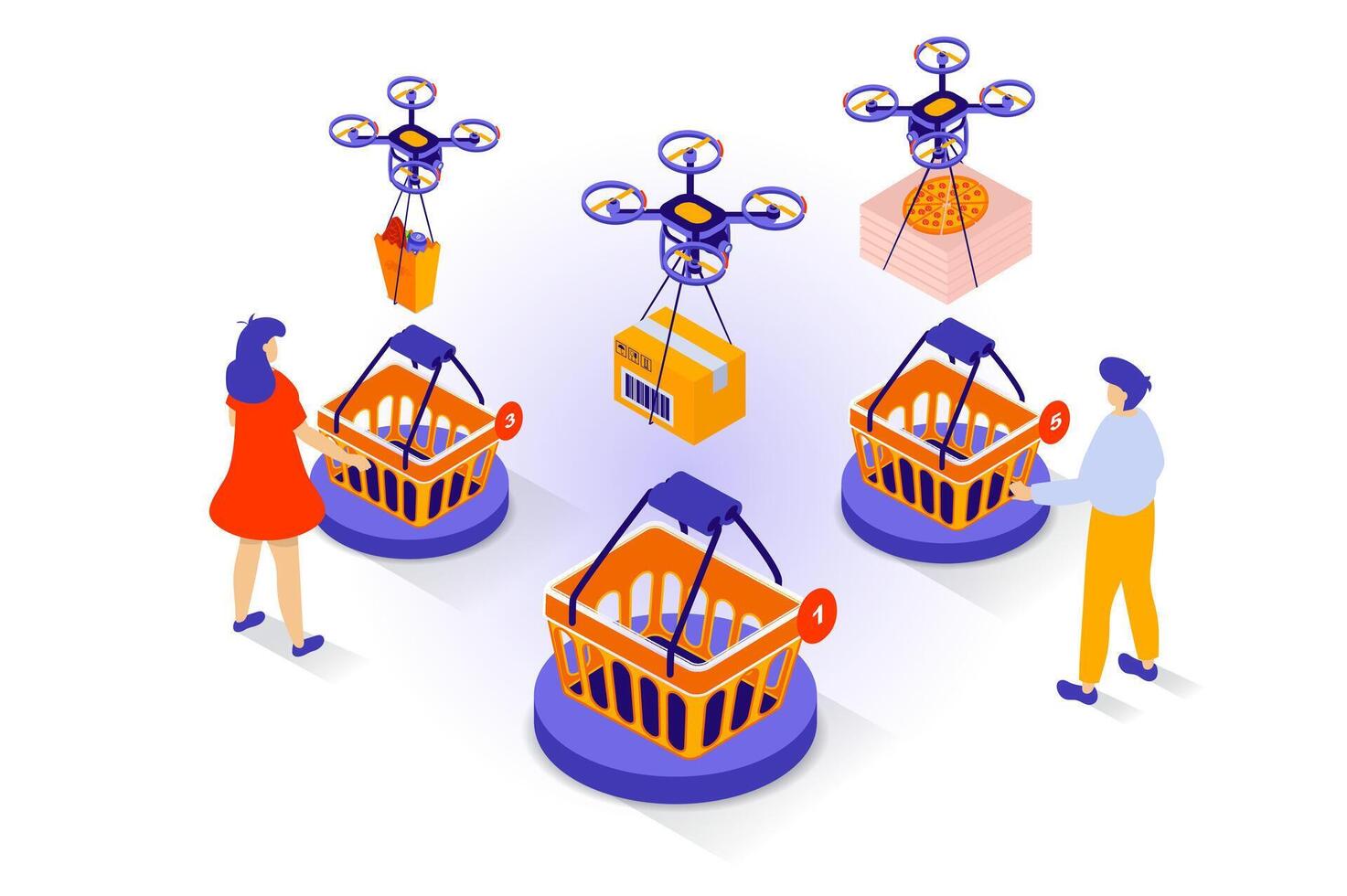 Online shopping concept in 3d isometric design. People ordering food in bag and pizza in store webpage and using delivery by flying drones. Vector illustration with isometry scene for web graphic
