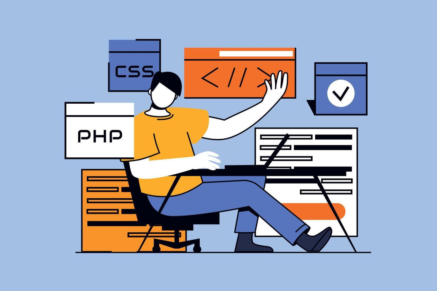 Programmer working concept with people scene in flat design for web. Developer programming code, testing algorithm, creating updates. Vector illustration for social media banner, marketing material.