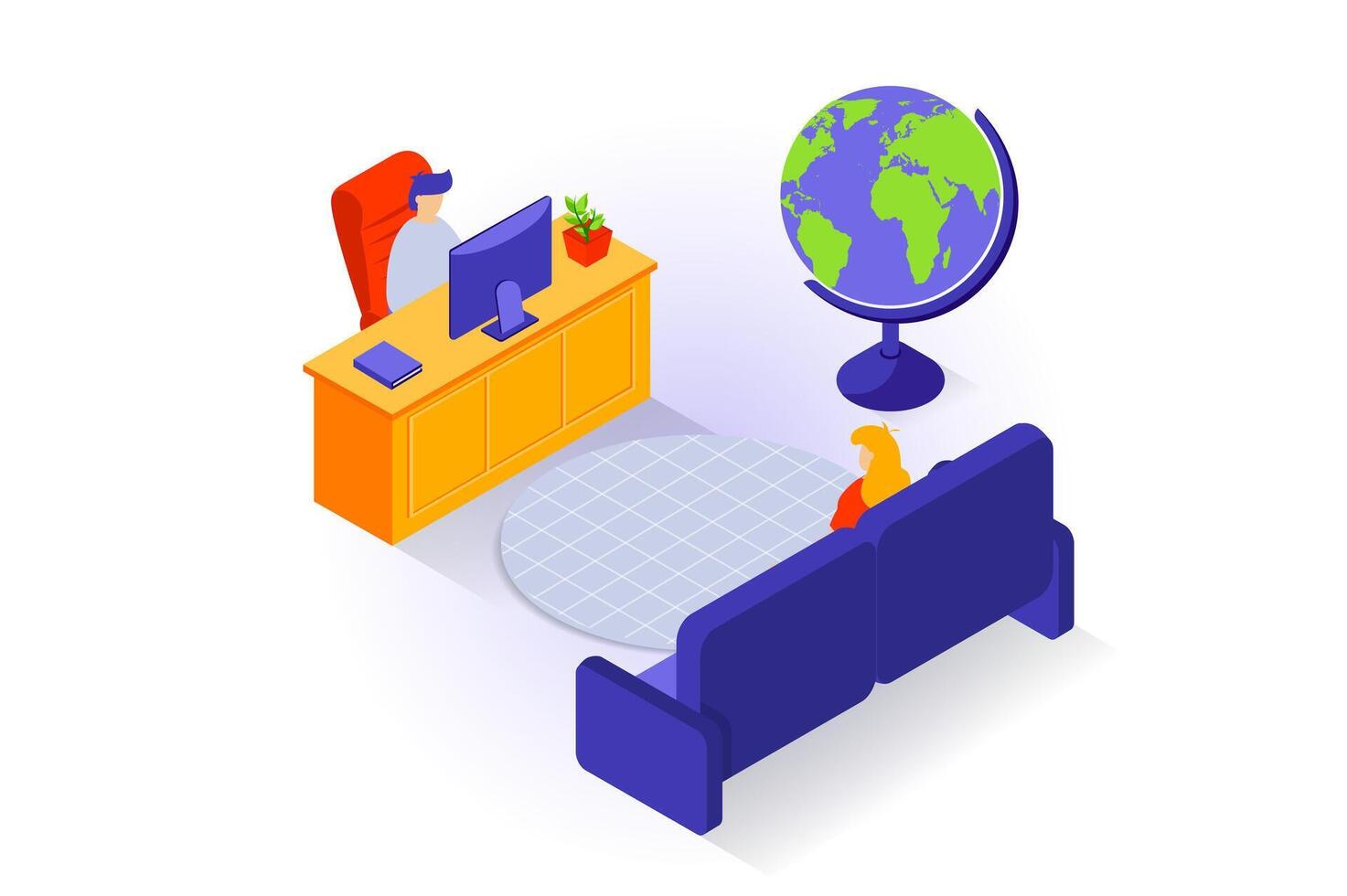 Home interior concept in 3d isometric design. People in boss office or reception room with desk and computer, globe and big sofa for visitors. Vector illustration with isometry scene for web graphic