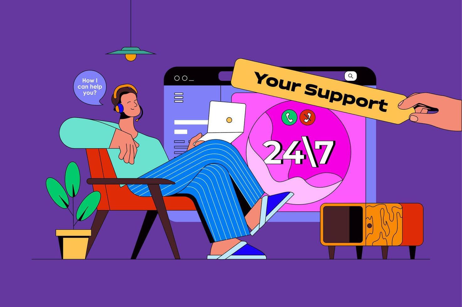 Online support web concept with character scene. Operator answering calls and messages, helping and finding solutions. People situation in flat design. Vector illustration for marketing material.
