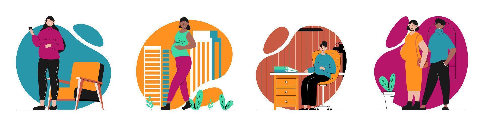 Pregnancy concept with people scenes set in flat web design. Bundle of character situations with young family waiting baby, mothers with pregnant bellies in daily activity. Vector illustrations.