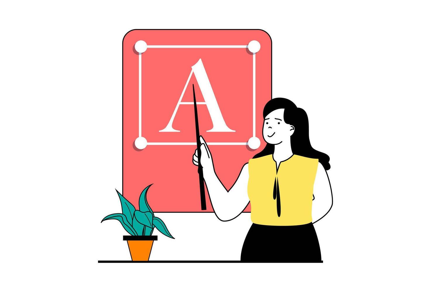 Designer agency concept with people scene in flat web design. Woman works with typeface elements and creating projects in trendy style. Vector illustration for social media banner, marketing material.