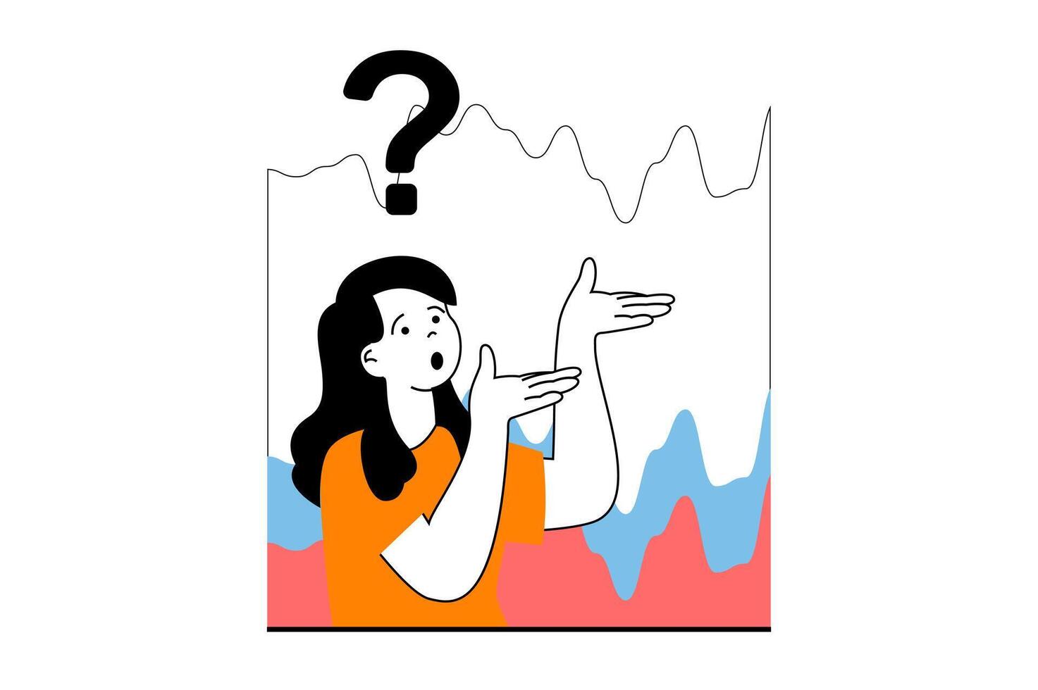 Crisis management concept with people scene in flat web design. Despair woman thinking and searching solve for financial problems. Vector illustration for social media banner, marketing material.