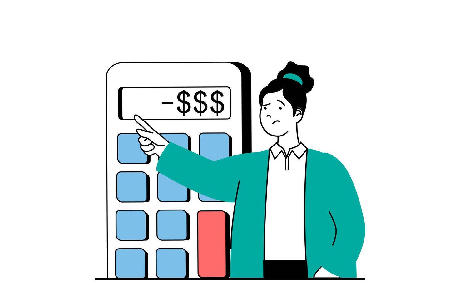 Crisis management concept with people scene in flat web design. Woman calculating her budget, getting financial problems and debts. Vector illustration for social media banner, marketing material.