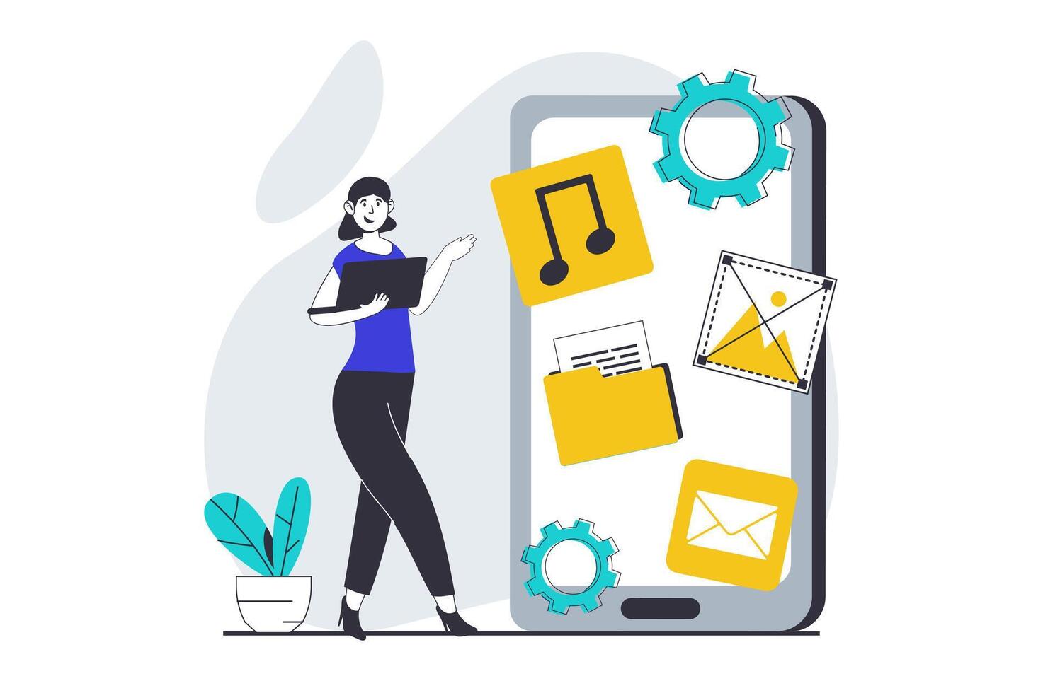 UI UX design concept with people scene in flat graphic for web. Woman creating mobile user interface layout and placing elements. Vector illustration for social media banner, marketing material.