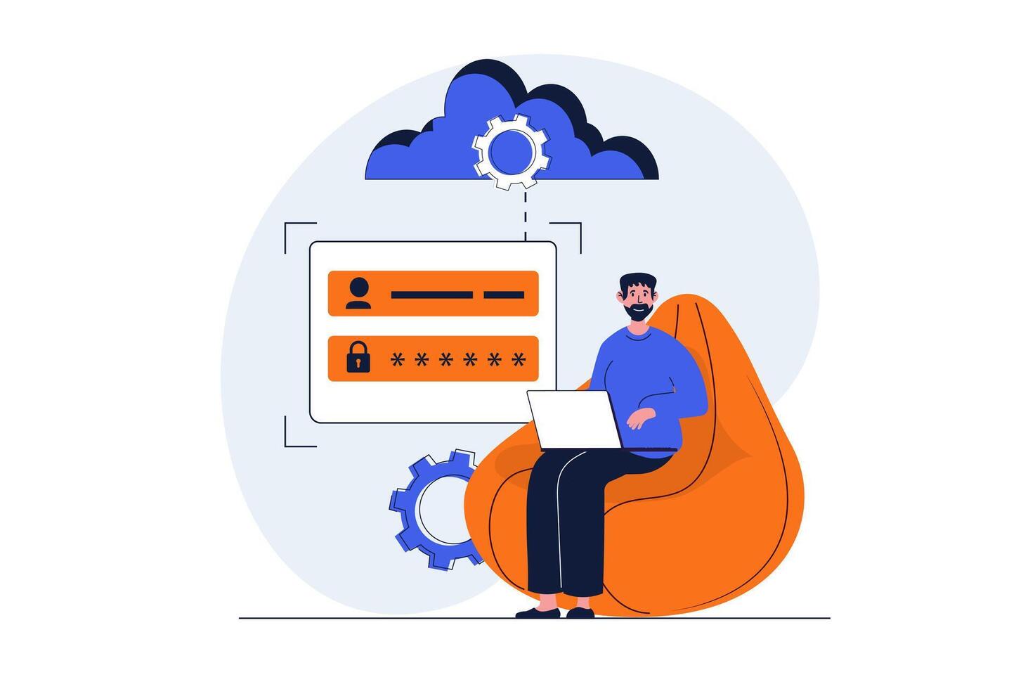 Cloud data center web concept with character scene. Man gets password access to cloud computing and storage. People situation in flat design. Vector illustration for social media marketing material.