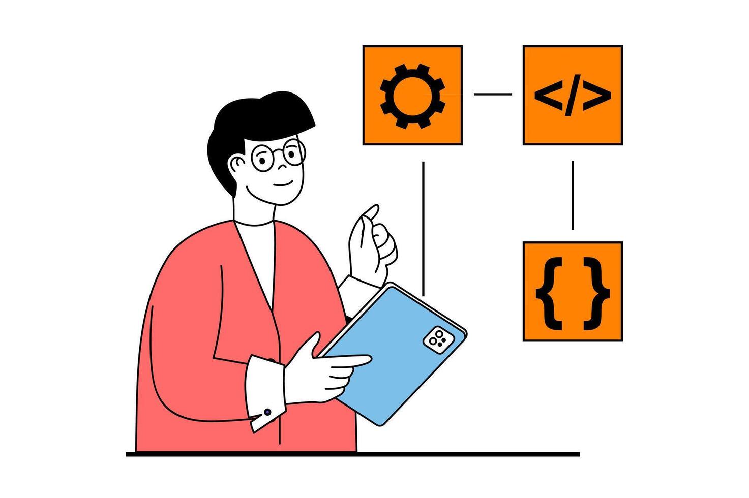 aplicación desarrollo concepto con personas escena en plano web diseño. hombre creando trabajo proceso algoritmo con programación y mejoramiento. vector ilustración para social medios de comunicación bandera, márketing material.