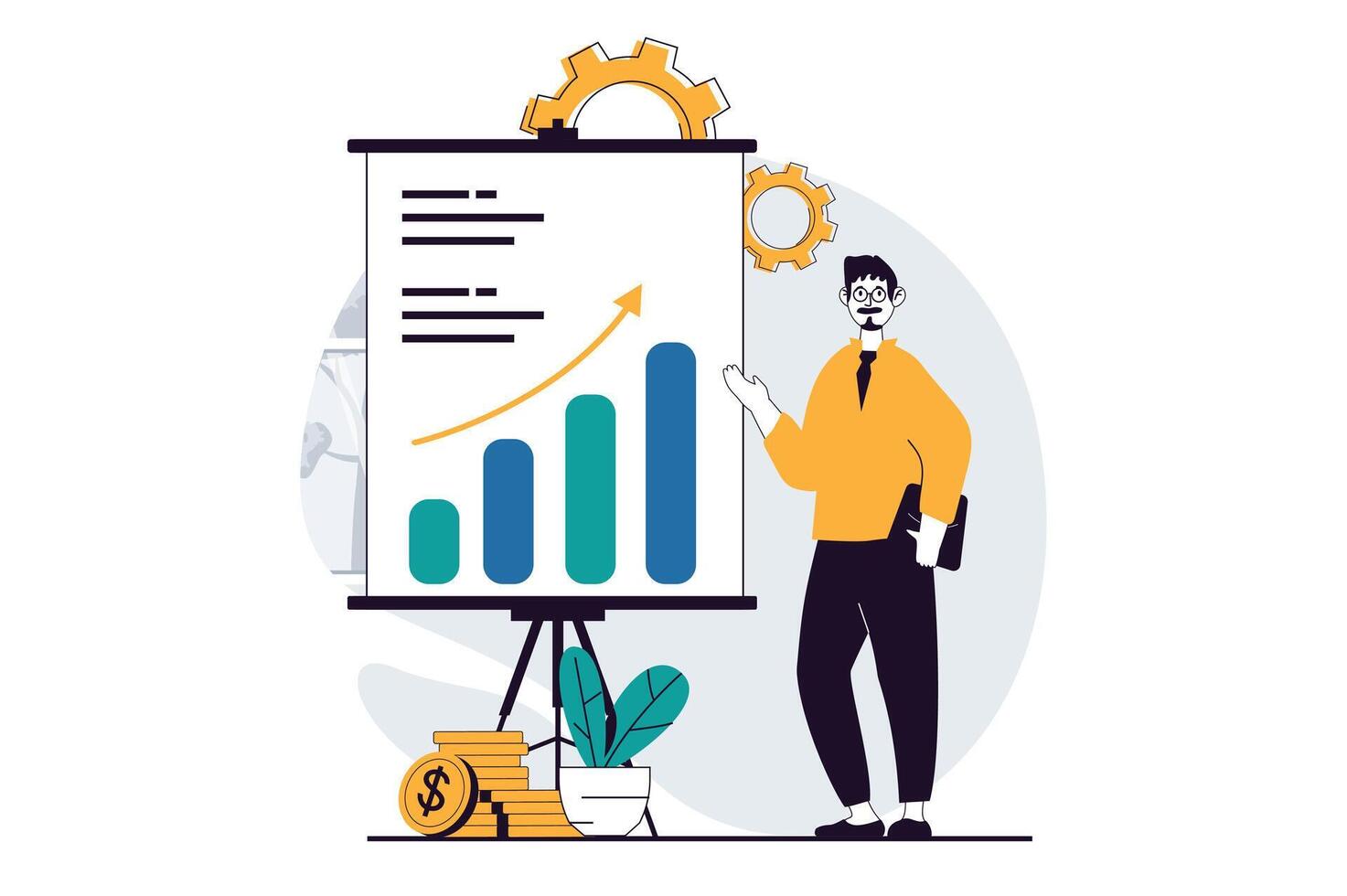 Business making concept with people scene in flat design for web. Man analyzing data growth and company statistic, making presentation. Vector illustration for social media banner, marketing material.