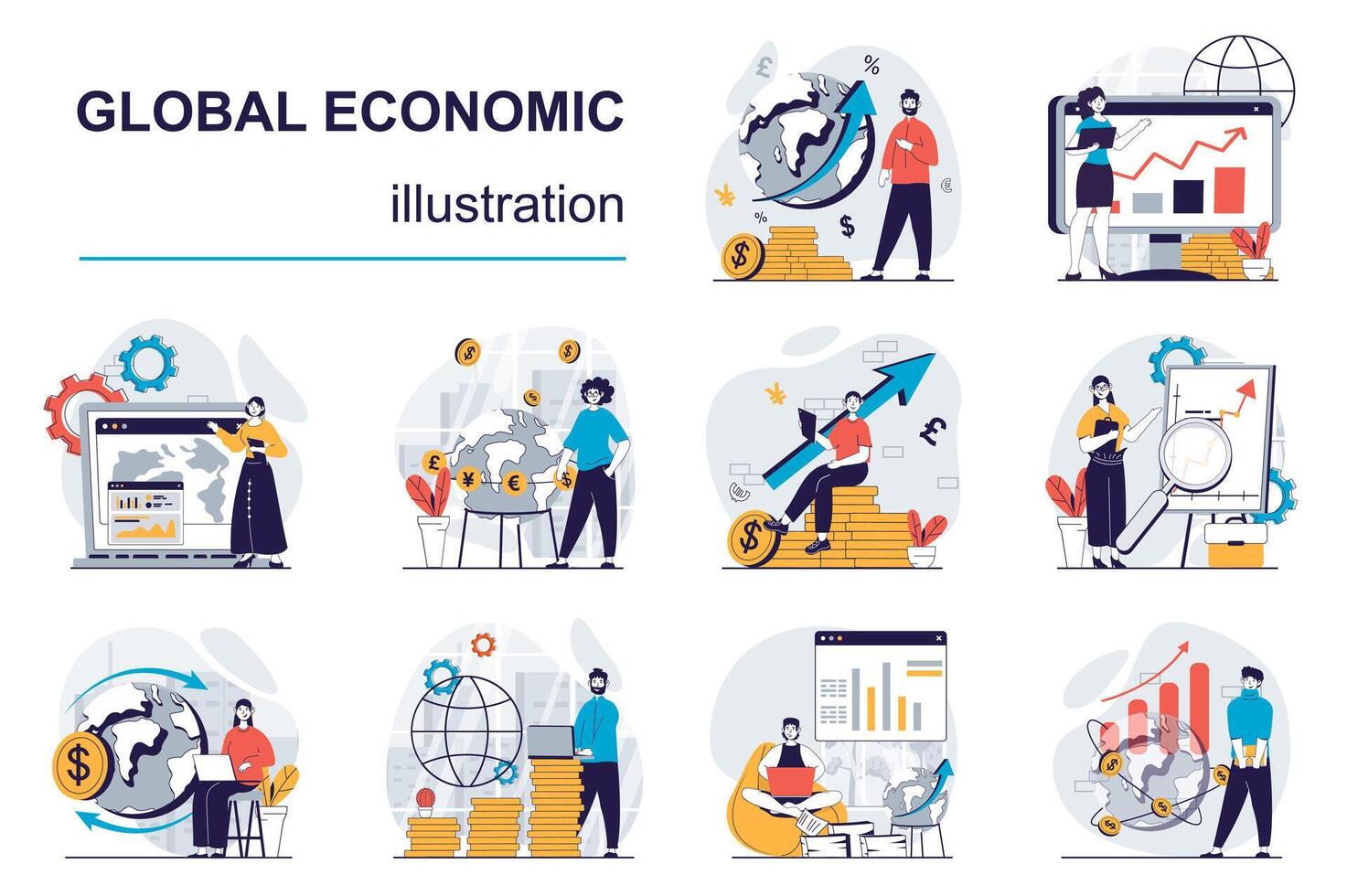 Global economic concept with character situations mega set. Bundle of scenes people analyzing worldwide market trends, making presentation, planning strategy. Vector illustrations in flat web design