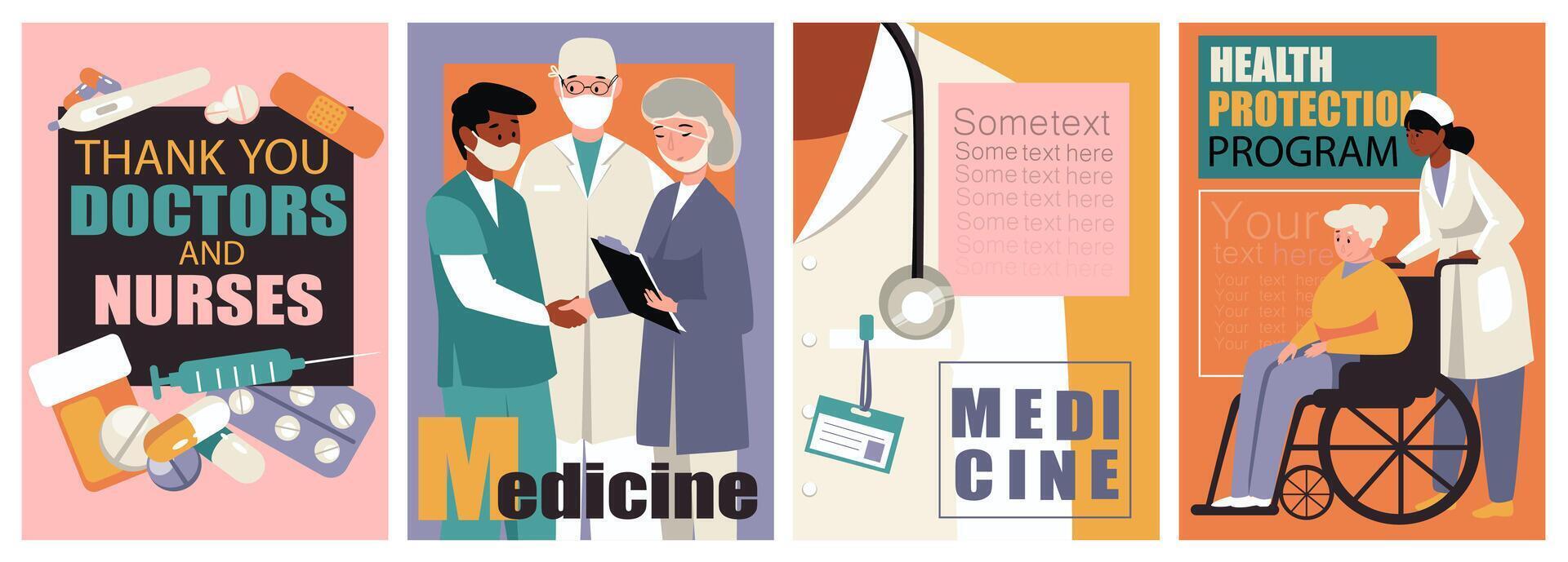 Medical service cover brochure set in trendy flat design. Poster templates with medicine and clinic stuff, thanks for doctors and nurses, handicapped patients care and therapy. Vector illustration.