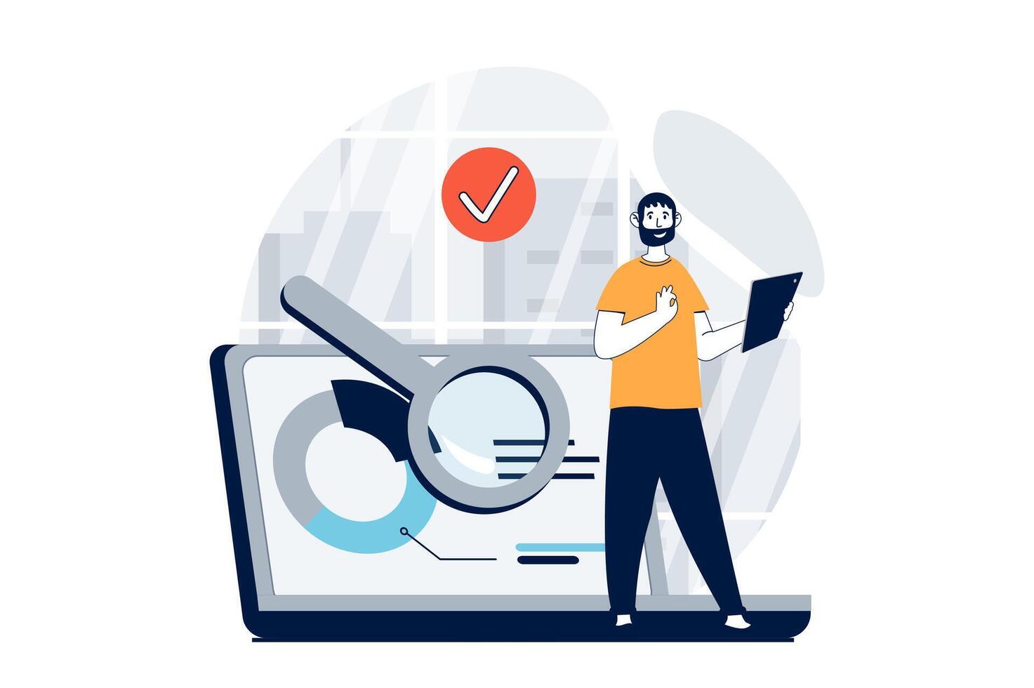 Data science concept with people scene in flat design for web. Man working with charts and searching statistics information online. Vector illustration for social media banner, marketing material.
