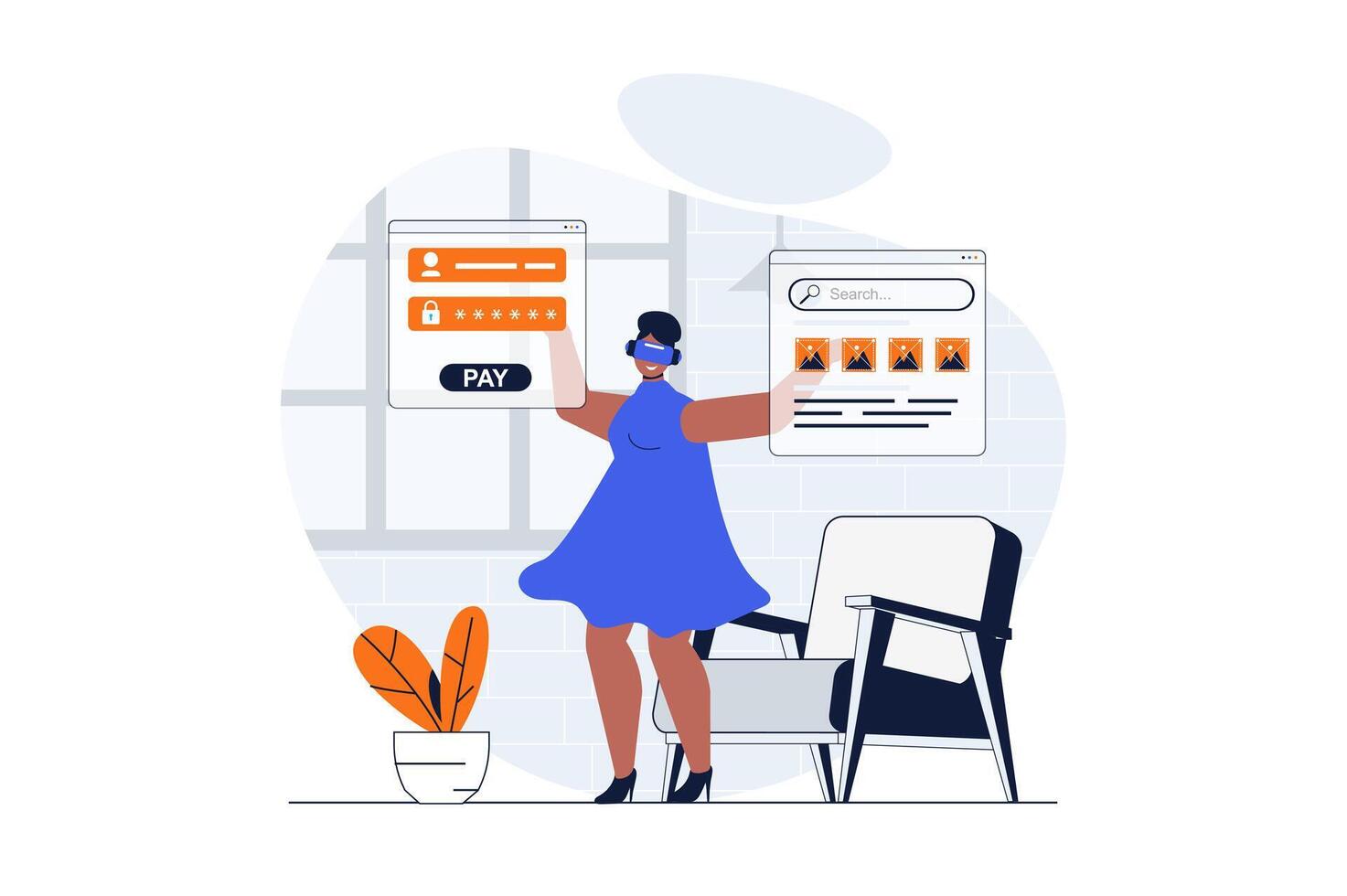 Cyberspace web concept with character scene. Woman in VR works and interacts with screens in virtual reality. People situation in flat design. Vector illustration for social media marketing material.