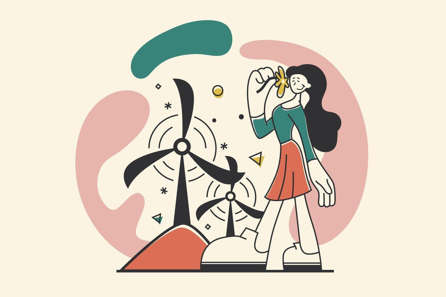 Renewable energy concept with people scene in flat retro design for web. Woman uses wind turbines for sustainable eco power generation. Vector illustration for social media banner, marketing material.