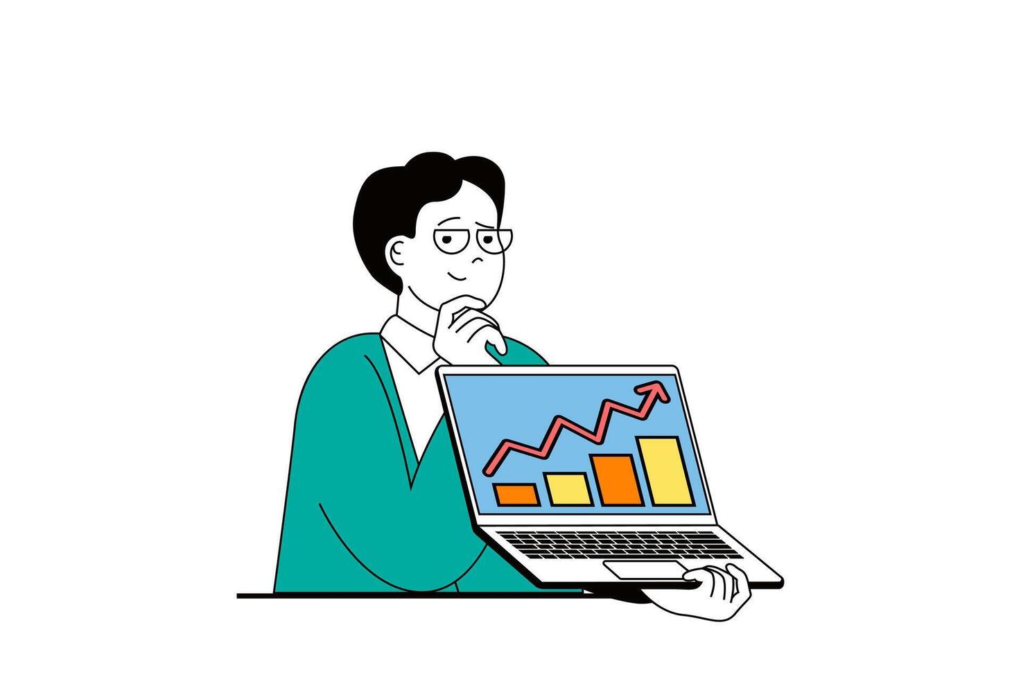 Digital business concept with people scene in flat web design. Man analyzing data graphs, working with statistics and marketing tools. Vector illustration for social media banner, marketing material.