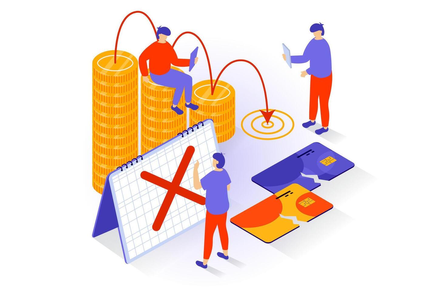 Unemployment and crisis concept in 3d isometric design. People analyze financial charts with losses and recession trend, break credit cards. Vector illustration with isometry scene for web graphic