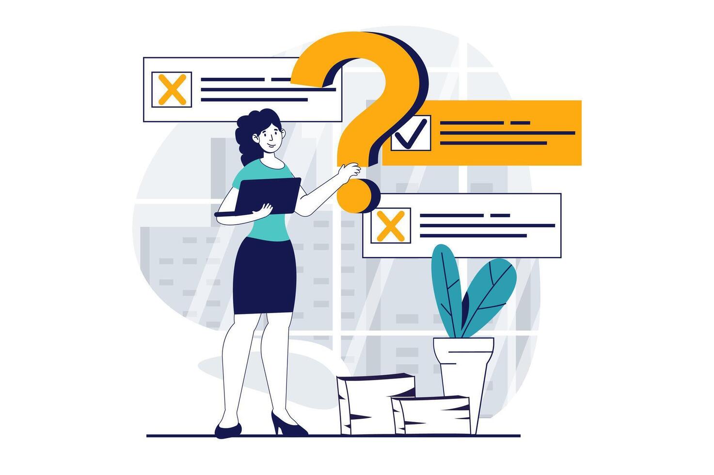 Online survey concept with people scene in flat design for web. Woman choosing right answers for filling quiz answering questions. Vector illustration for social media banner, marketing material.
