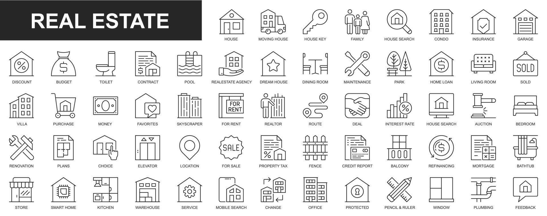 Real estate web icons set in thin line design. Pack of house, moving home, key, insurance, garage, budget, contract, realtor agency, mortgage, loan, property, other. Vector outline stroke pictograms