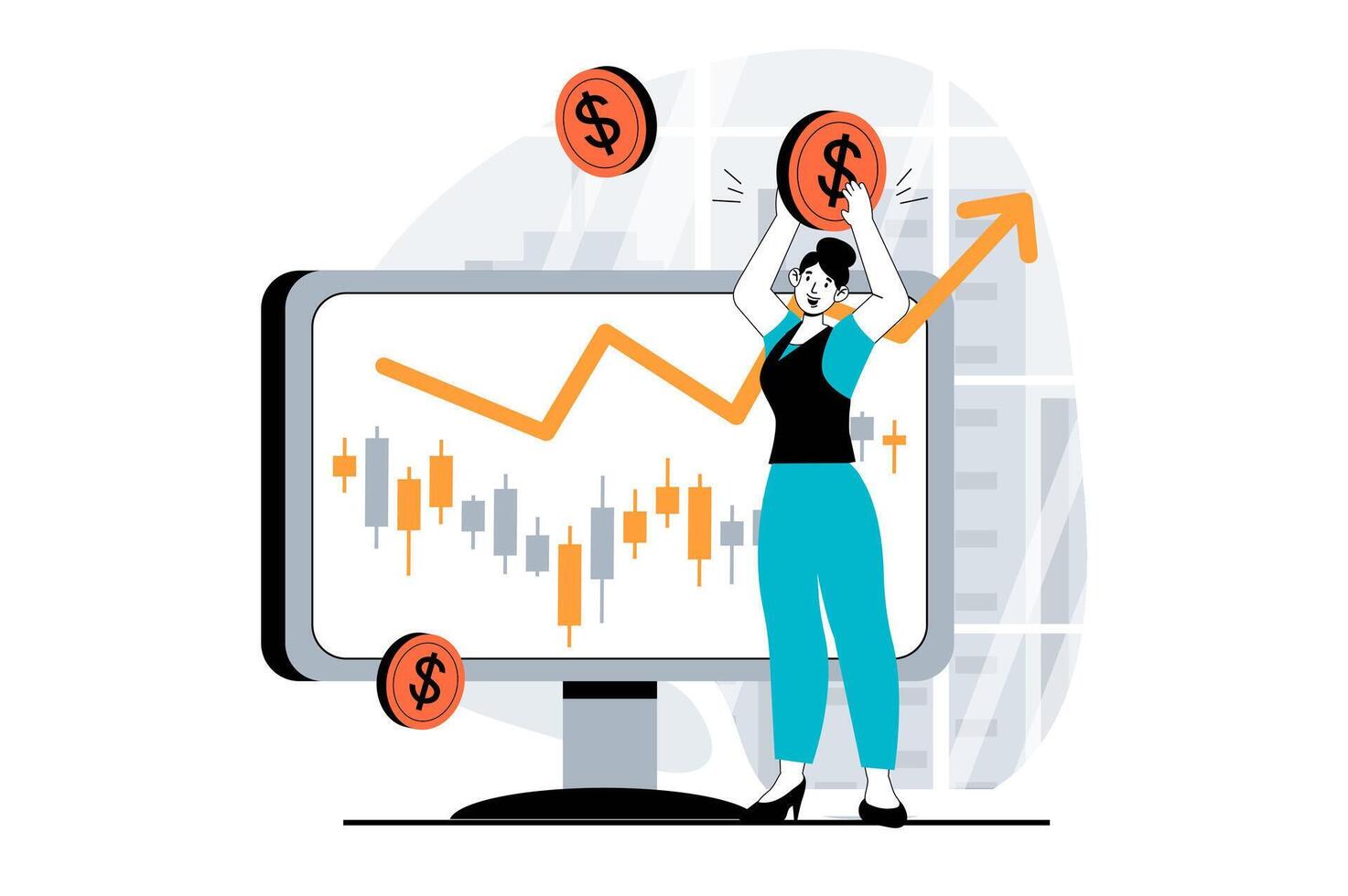 Stock market concept with people scene in flat design for web. Woman investing money and getting profit growth on financial graph. Vector illustration for social media banner, marketing material.