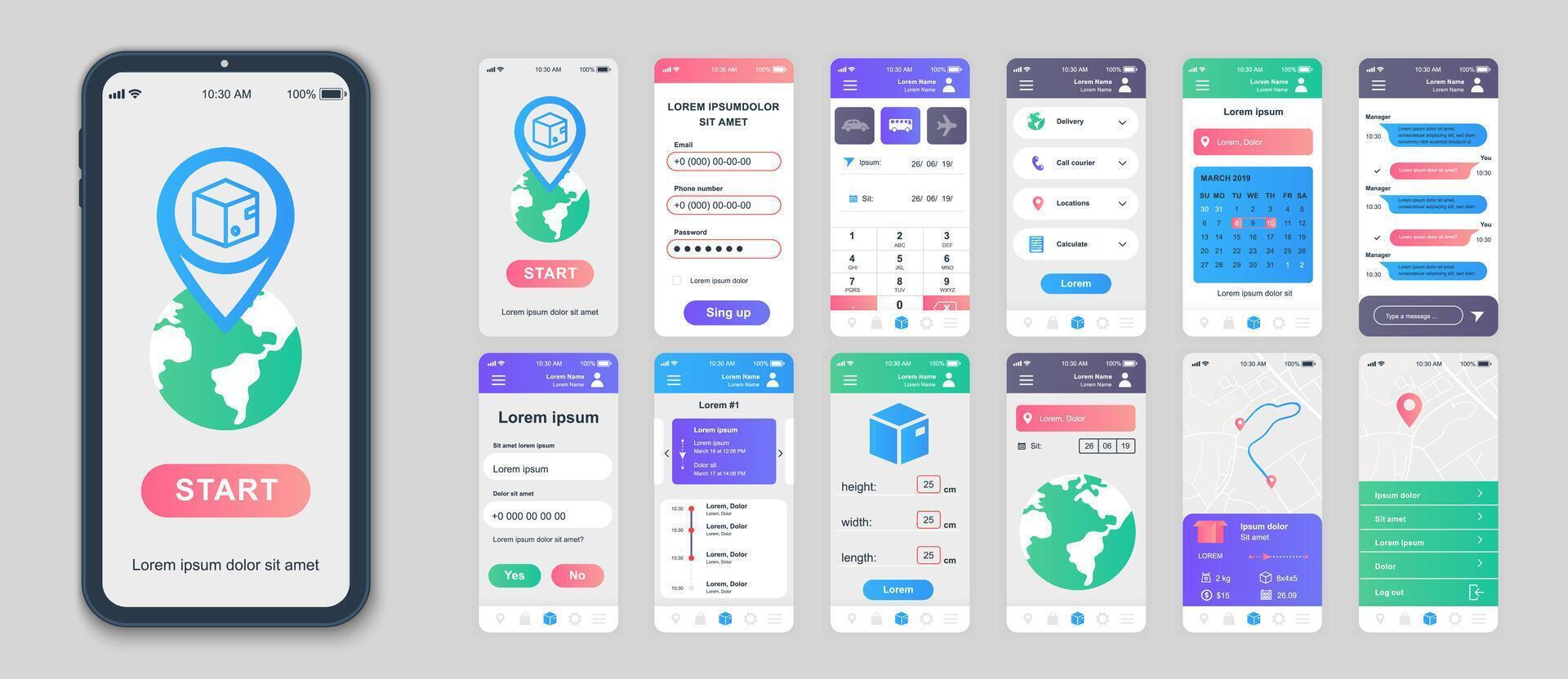 Delivery mobile app screens set for web templates. Pack of global logistic service, tracking parcel, calendar, calculate package. UI, UX, GUI user interface kit for cellphone layouts. Vector design