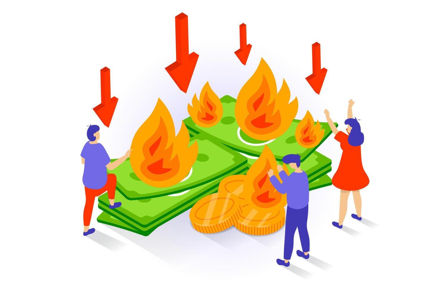 Unemployment and crisis concept in 3d isometric design. People losing their job and have financial problem, bankruptcy and burning money. Vector illustration with isometry scene for web graphic