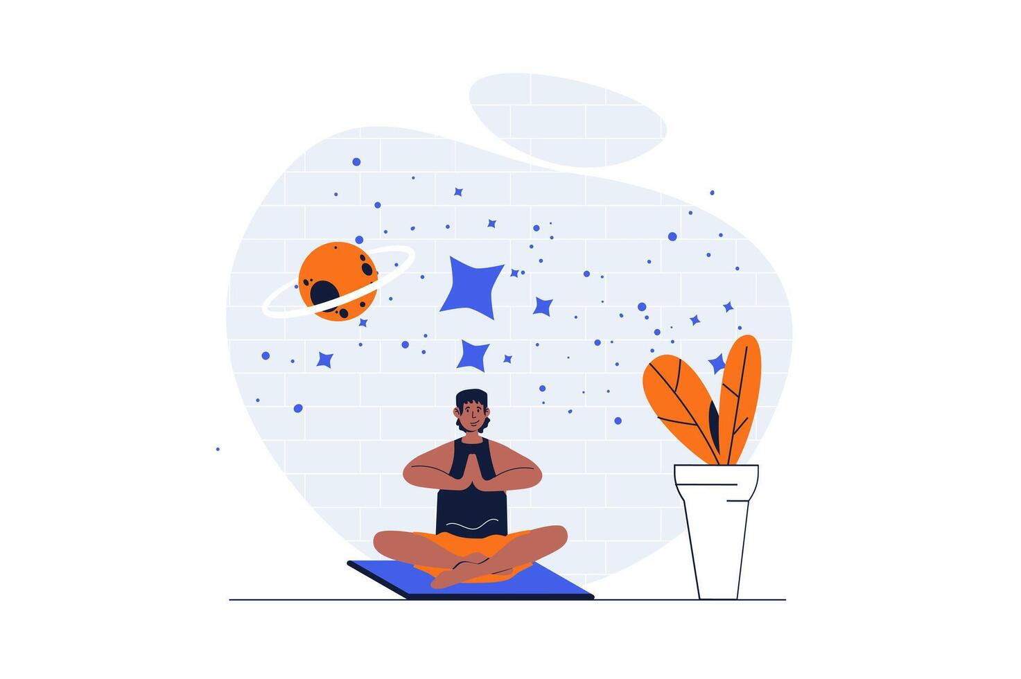 Yoga asanas concept with character scene. Man sitting in lotus pose, breathing and meditation mindfulness. People situation in flat design. Vector illustration for social media marketing material.