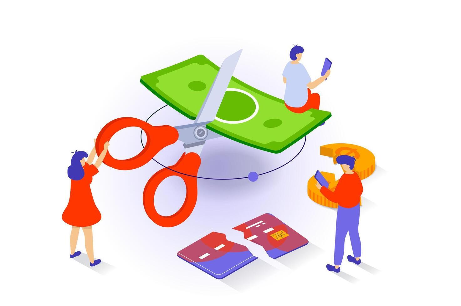Unemployment and crisis concept in 3d isometric design. People have financial problems and debts, cut cash with scissors and break credit card. Vector illustration with isometry scene for web graphic