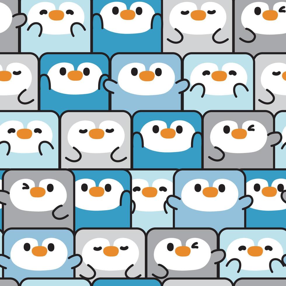 Repeat.Seamless pattern of cute penguin various poses in square shape background.Bird vector