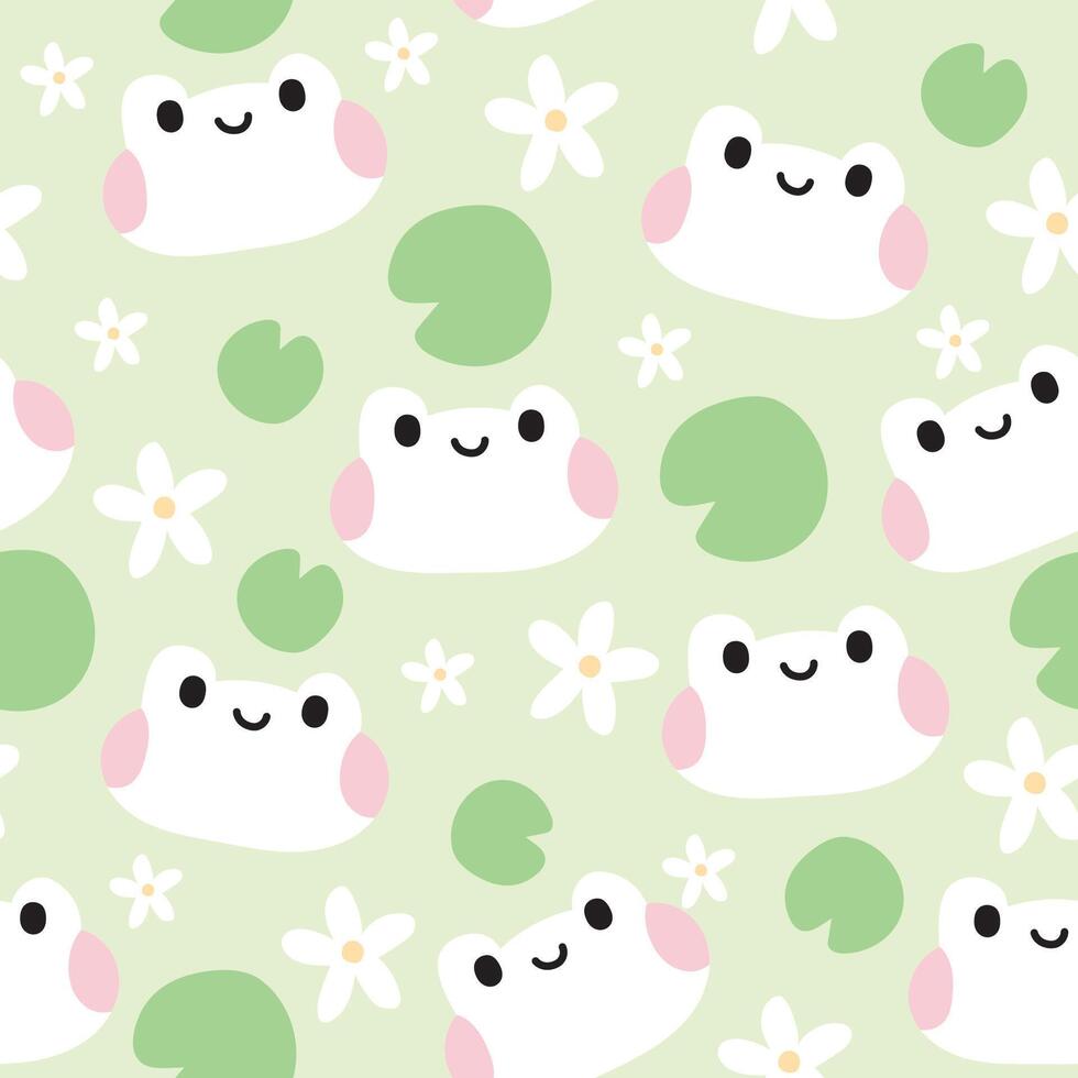 Seamless pattern of cute frog face with flower and lotus leaf on pastel background.Reptile animal character cartoon design.Clothing print screen.Baby graphic.Kawaii.Vector.Illustration. vector