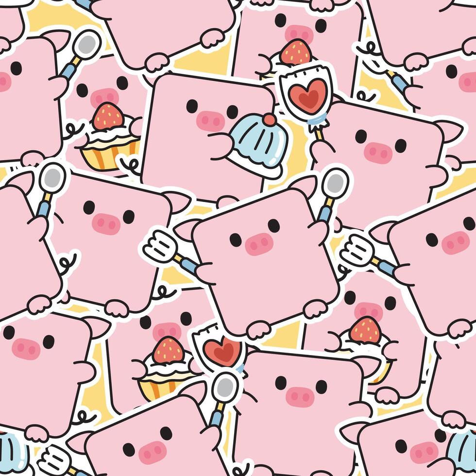 Seamless pattern of cute pig in square shape sticker in various poses with dessert background.Farm animal charcater cartoon design.Kawaii.Vector.Illustration. vector