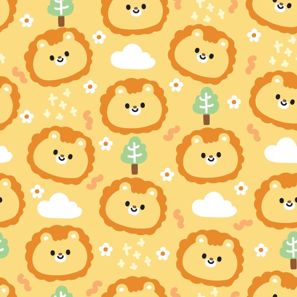 Seamless pattern of cute lion face head with tree and flower background.Wild animal character cartoon design.Clothing print screen.Baby graphic.Kawaii.Vector.Illustration. vector