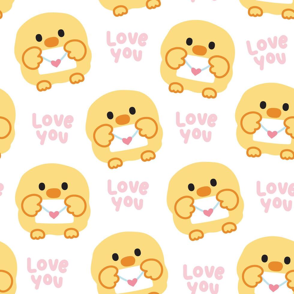 Seamless pattern of cute chicken with paper mail with love you text on white background.Farm animal character cartoon design.Valentines day.Kawaii.Vector.Illustration. vector