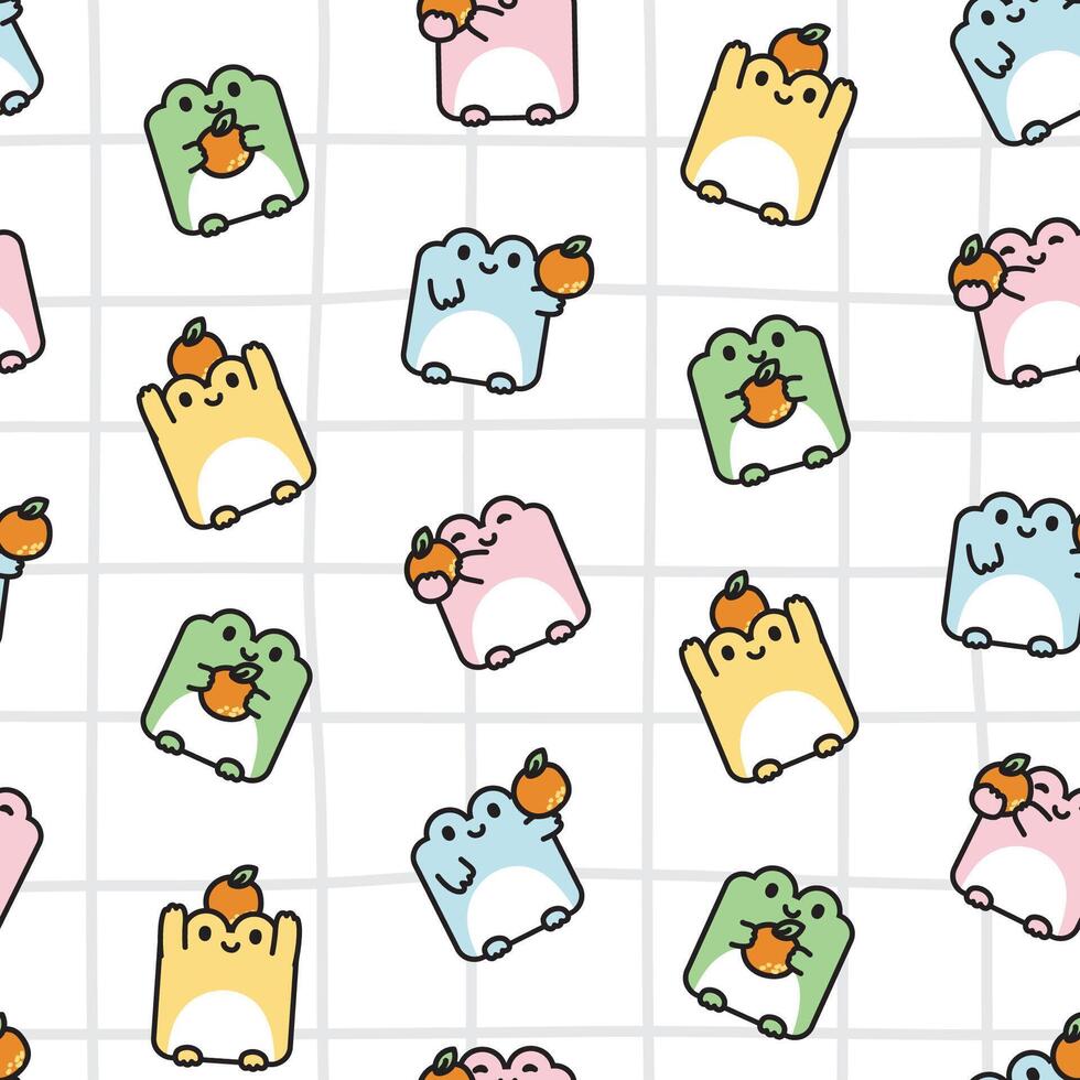 Seamless pattern of cute frog in square shape with orange on white background.Reptile animal character cartoon design.Clothing print screen.Kawaii.Vector.Illustration. vector