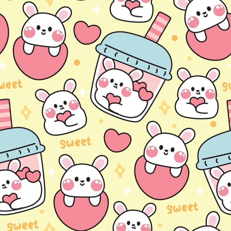 Seamless pattern of cute rabbit with heart and bubble milk tea background.Rodent animal character cartoon design.Bunny hand drawn.Kawaii.Vector.Illustration. vector