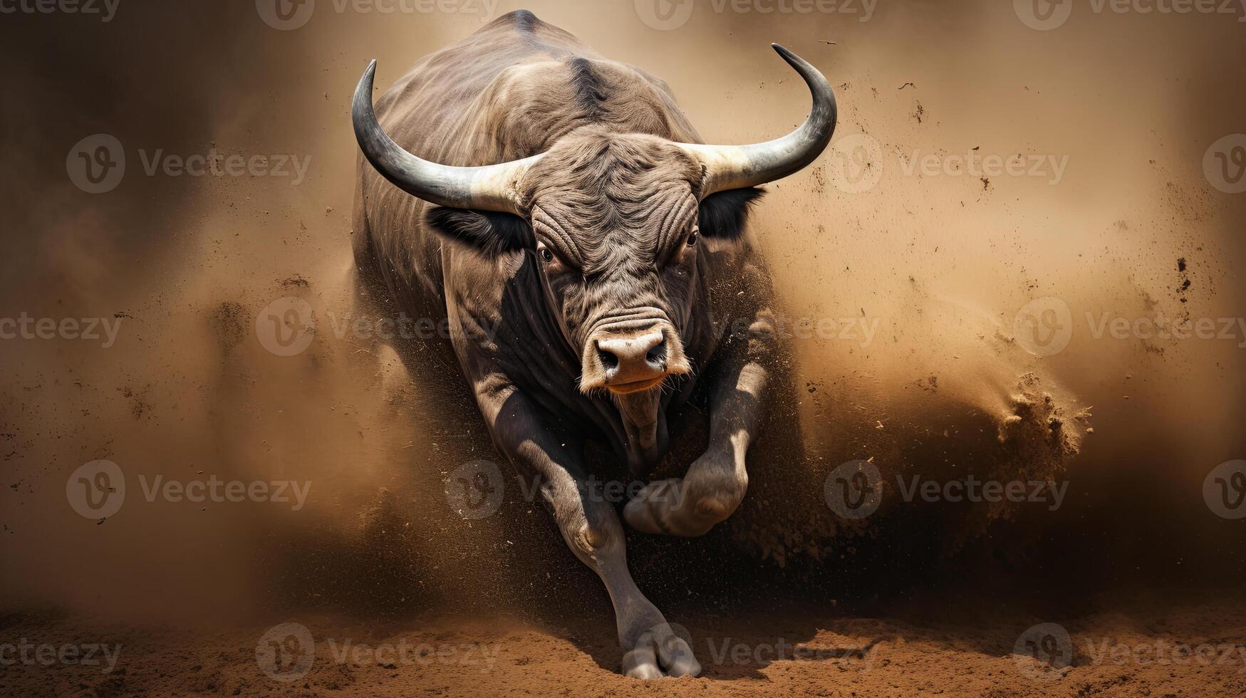 AI generated Bull Running Through the Dirt in a Field photo