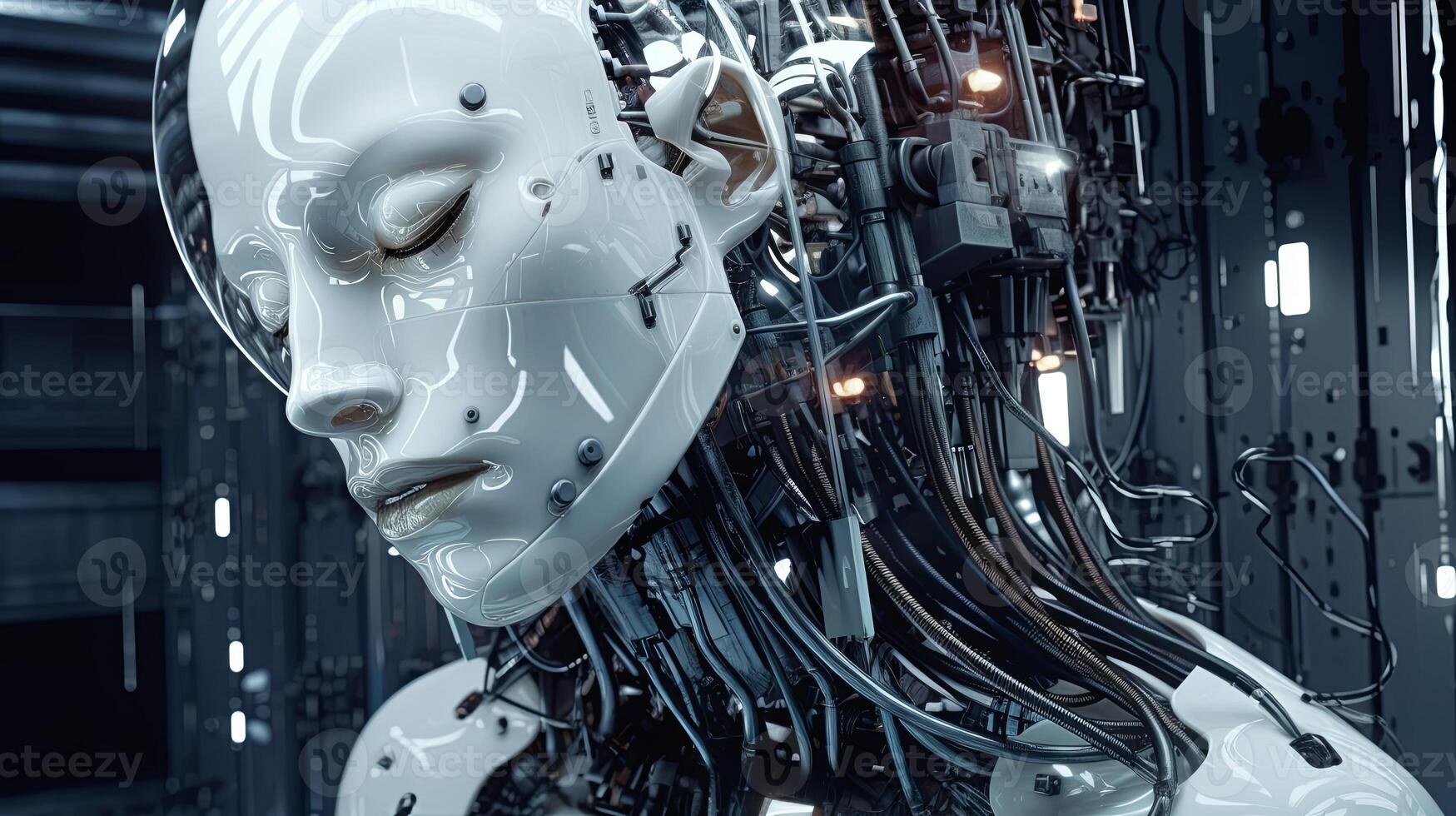 AI generated Robot Standing in Front of Wall of Wires photo