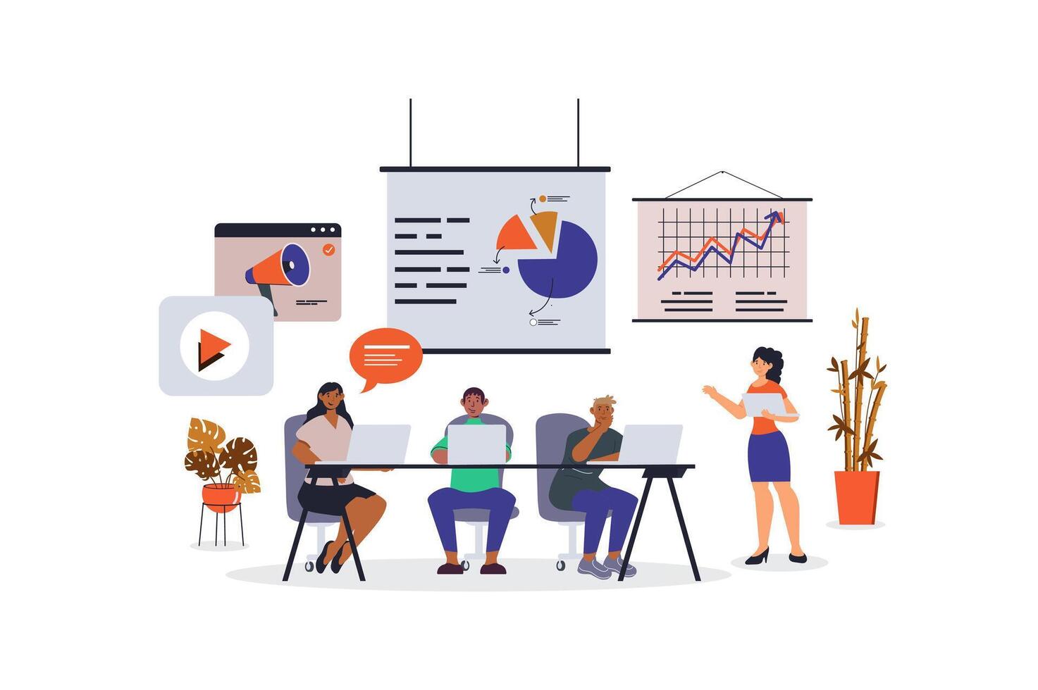 Marketing research concept with character scene for web. Women and men analysing market trends and data to launch product. People situation in flat design. Vector illustration for marketing material.