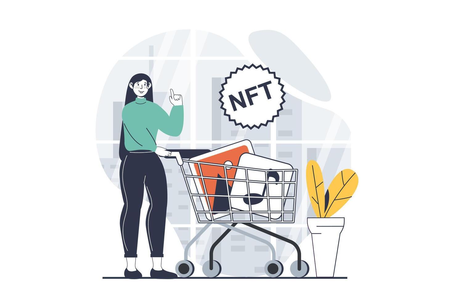NFT token concept with people scene in flat design for web. Woman with cart buying collectible artwork paintings in virtual gallery. Vector illustration for social media banner, marketing material.