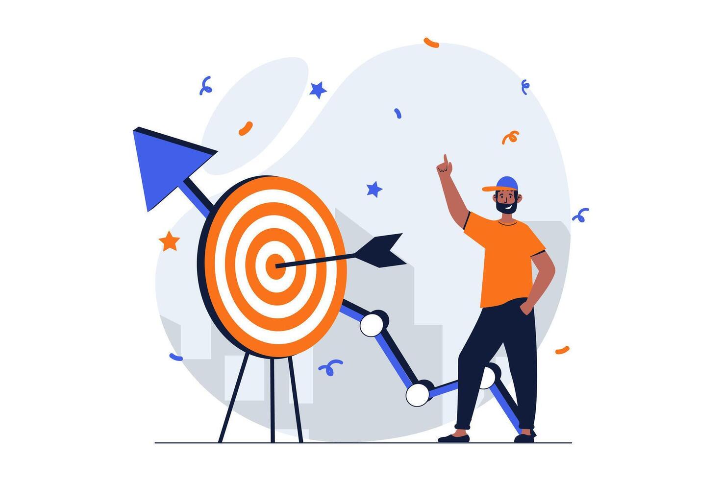 Business success web concept with character scene. Man hits target, celebrates increase in sales and profits. People situation in flat design. Vector illustration for social media marketing material.