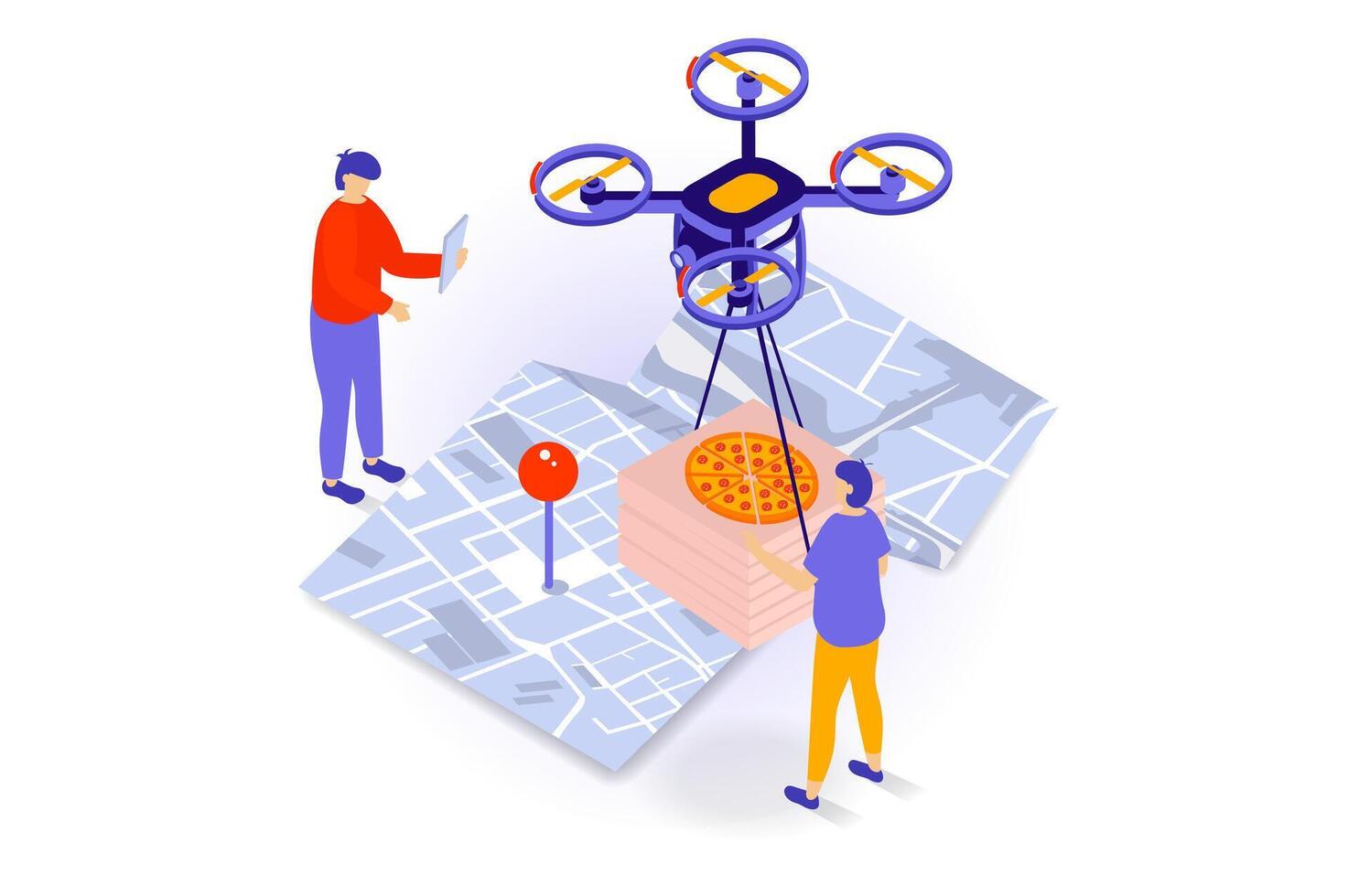 comida entrega concepto en 3d isométrica diseño. personas ordenando Pizza a pizzería restaurante con volador zumbido Envío y mapa rastreo en línea. vector ilustración con isometria escena para web gráfico