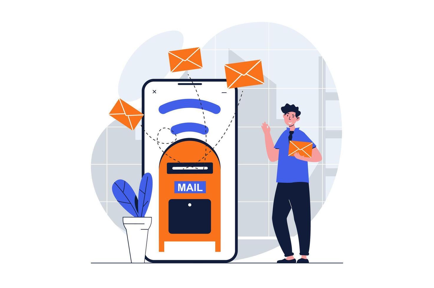 Email marketing web concept with character scene. Man makes advertising mailing and sending mails to clients. People situation in flat design. Vector illustration for social media marketing material.