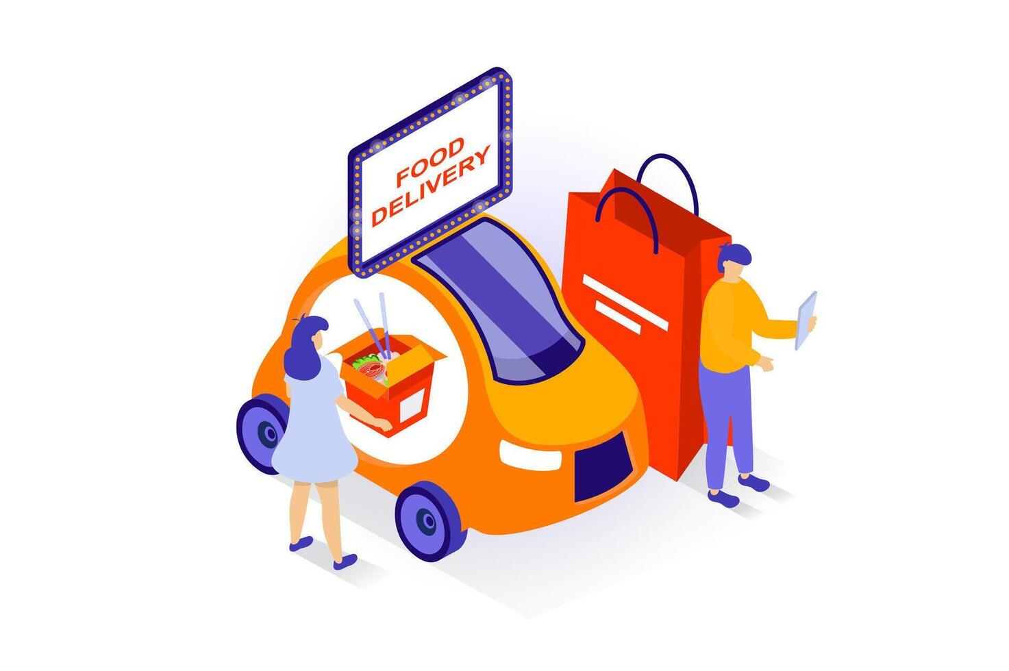 Food delivery concept in 3d isometric design. People ordering products bags and meals from restaurant and receiving parcels from courier car. Vector illustration with isometry scene for web graphic
