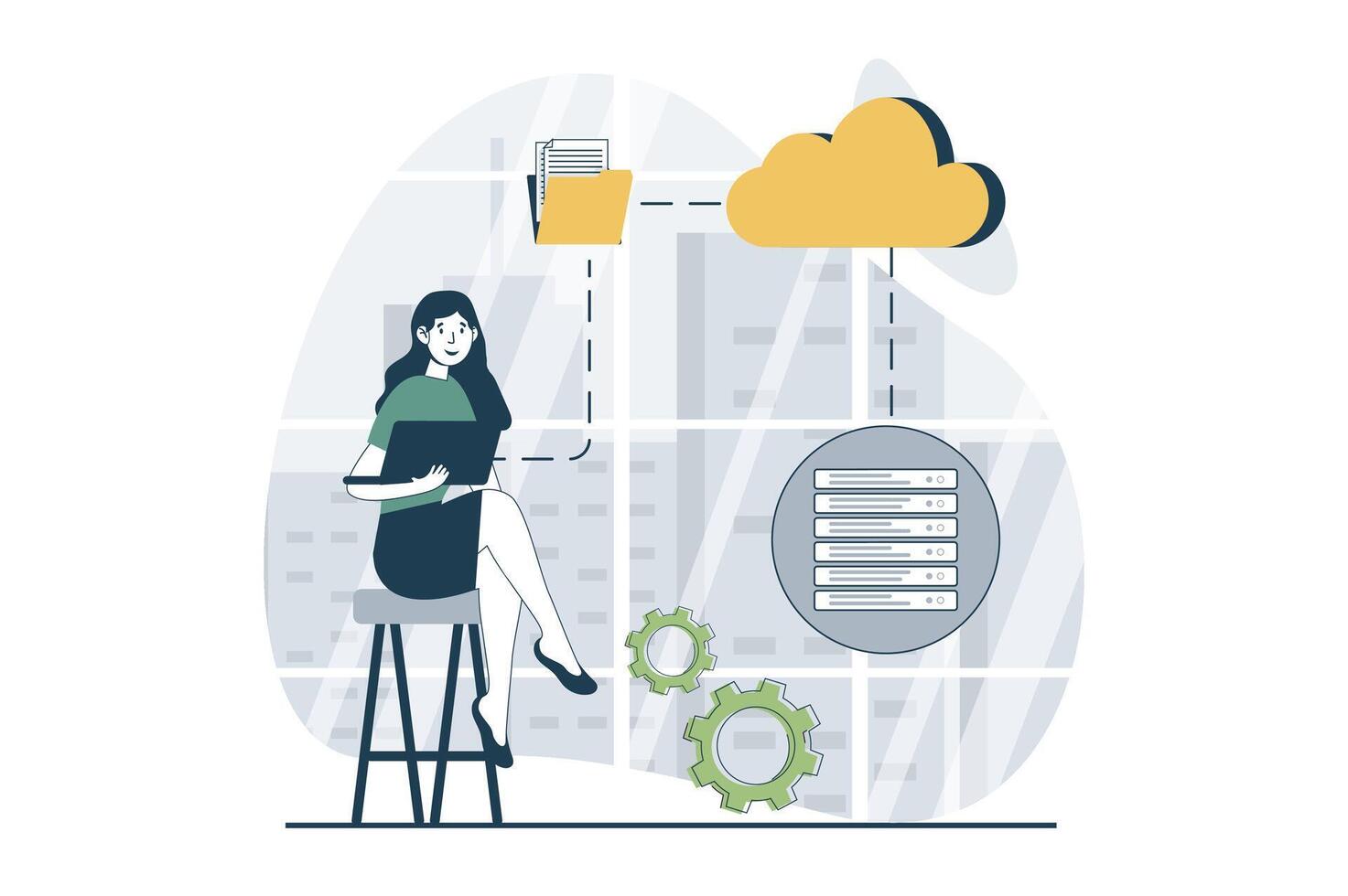 Server maintenance concept with people scene in flat design for web. Woman makes optimization workflow of datacenter in rack room. Vector illustration for social media banner, marketing material.