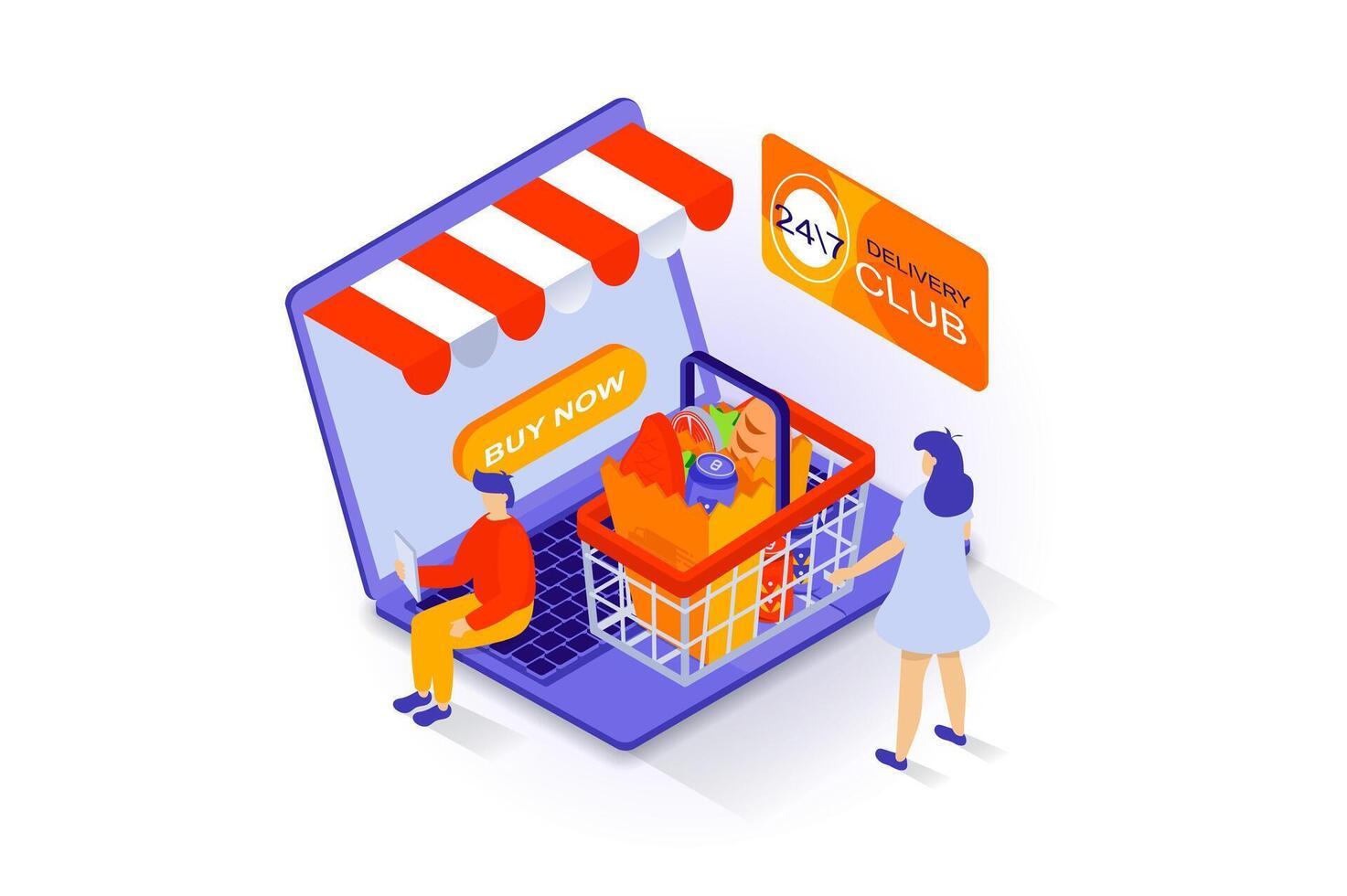 Online shopping concept in 3d isometric design. People ordering food in supermarket or grocery store webpage with delivery and pay credit card. Vector illustration with isometry scene for web graphic