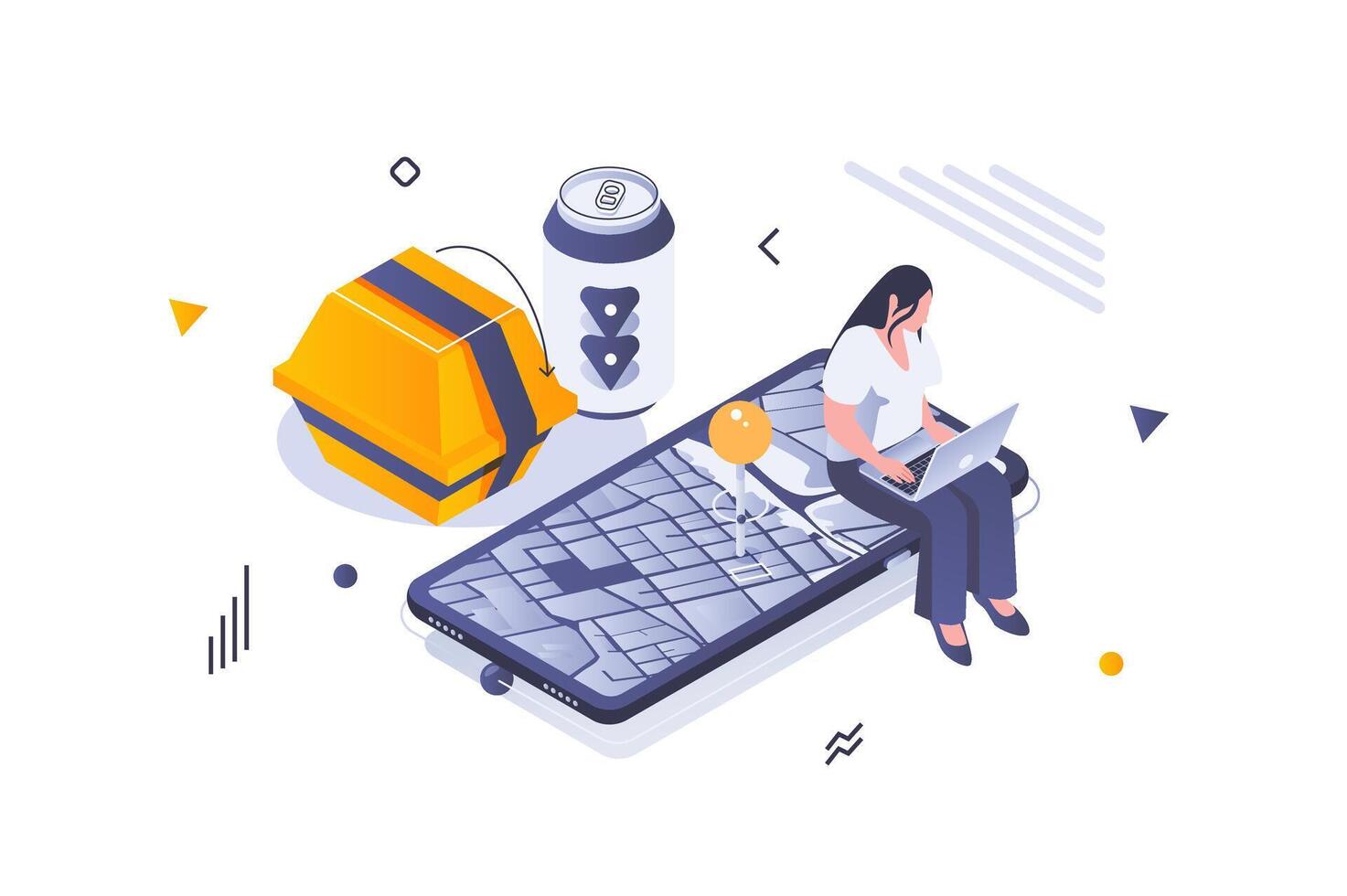 Food delivery concept in 3d isometric design. Woman makes online order from restaurant and tracks package using map in mobile app. Vector illustration with isometric people scene for web graphic