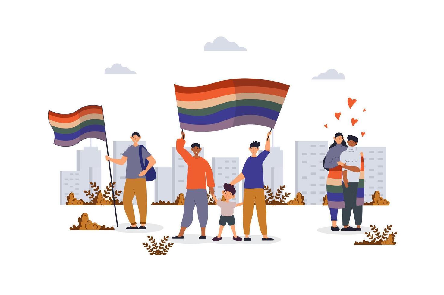 LGBTQ concept with character scene for web. Gays and lesbians couple holding rainbow flag and celebrating pride festival. People situation in flat design. Vector illustration for marketing material.