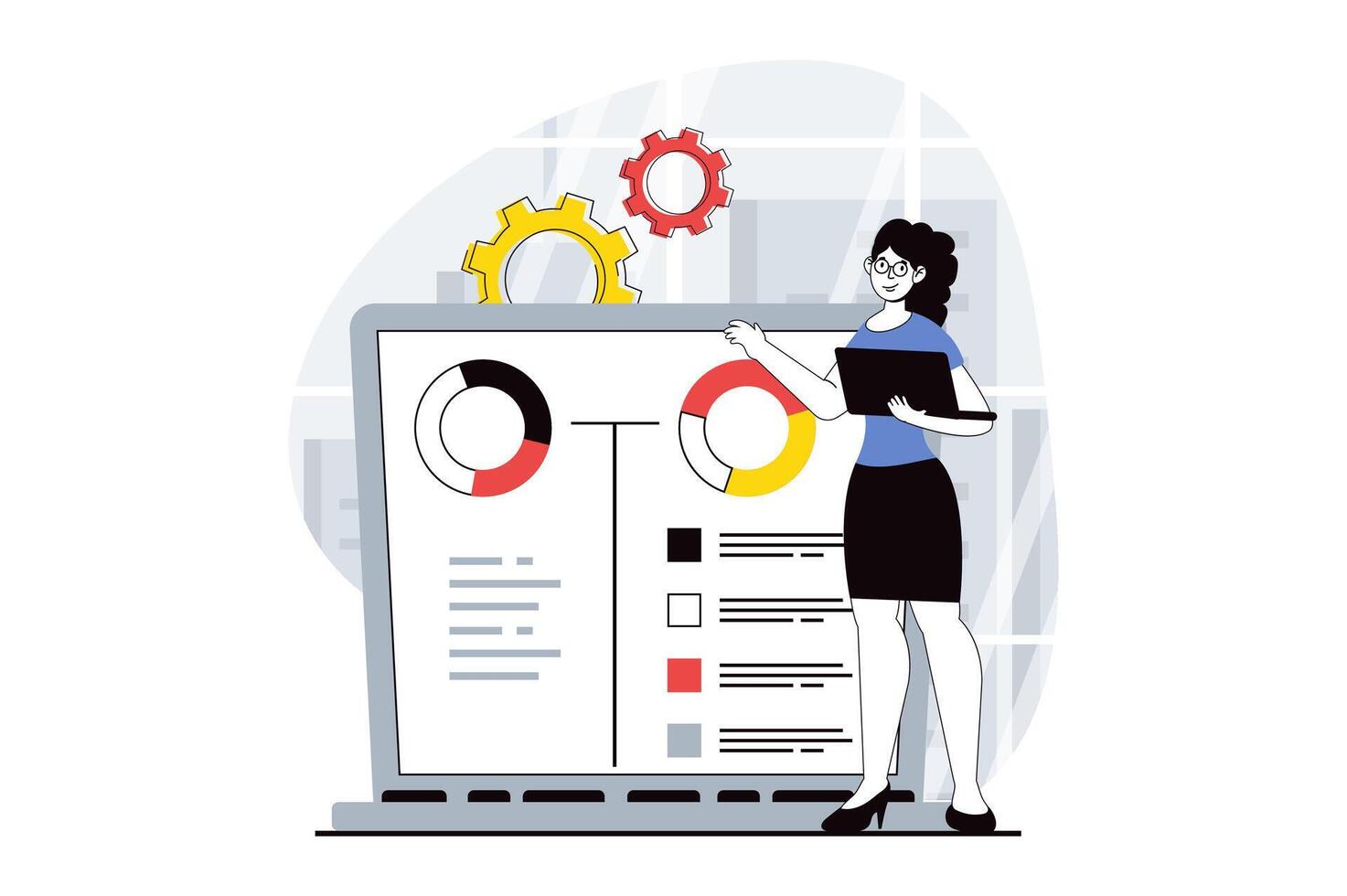 Data analysis concept with people scene in flat design for web. Woman analyzing diagrams and graphs, making expertise and accounting. Vector illustration for social media banner, marketing material.
